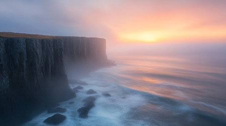 Panorama of Reynisfjara cliffs at sunrise, Iceland.の素材