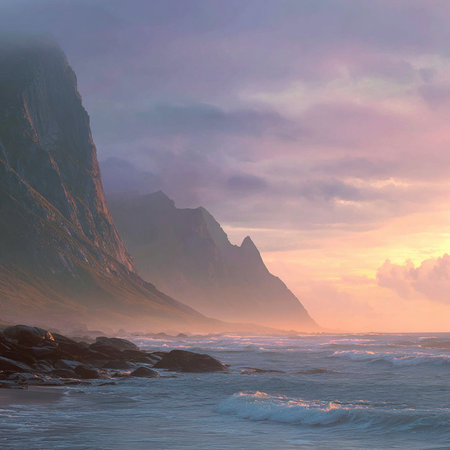 Beautiful seascape with mountains and fog at sunrise. Nature composition.の素材