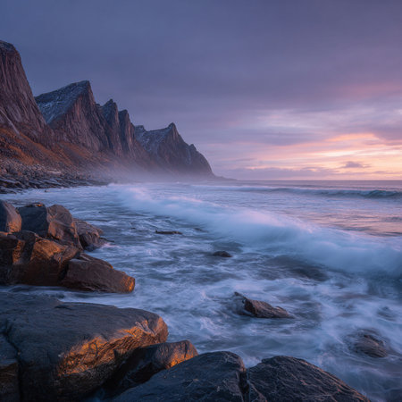Beautiful seascape. Long exposure shot of rocky coastline at sunrise.の素材