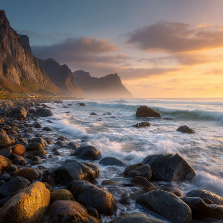 Beautiful seascape. Dramatic overcast sky. Vestvagoy, Lofoten islands, Norwayの素材