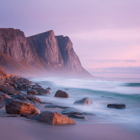 Long exposure of a rocky beach at sunset, Lofoten islands, Norwayの素材