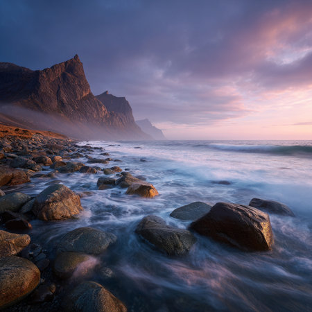 Fantastic sunrise over the sea. Dramatic overcast sky. Crimea, Ukraine, Europe. Beauty world.の素材
