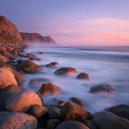 Long exposure seascape with rocks and sea waves at sunset.の素材