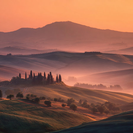 Beautiful Tuscany landscape at sunrise in Val d Orcia, Italyの素材