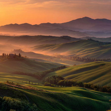 Beautiful Tuscany landscape at sunrise, Val d'Orcia, Italyの素材