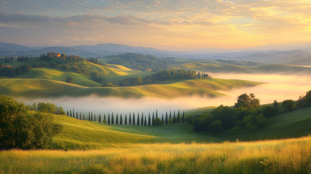 Tuscany landscape at sunrise with fog and cypress trees.の素材