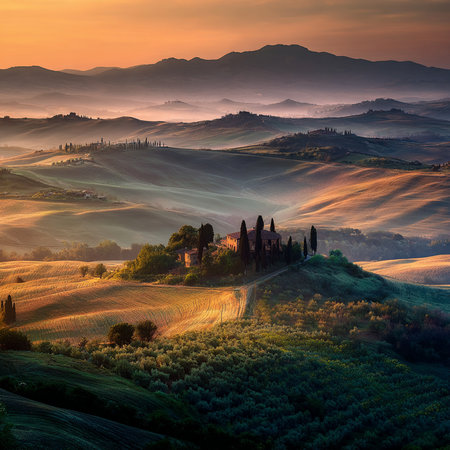 Beautiful Tuscany landscape at sunrise, Val d'Orcia, Italyの素材