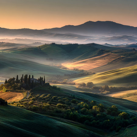 Tuscany landscape at sunrise, San Quirico d Orcia, Tuscany, Italyの素材