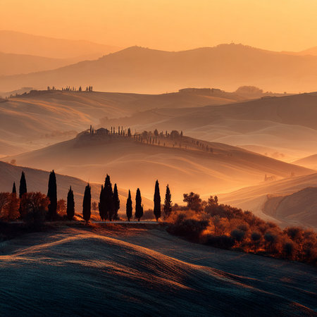 Beautiful Tuscany landscape with cypress trees at sunrise, Italyの素材