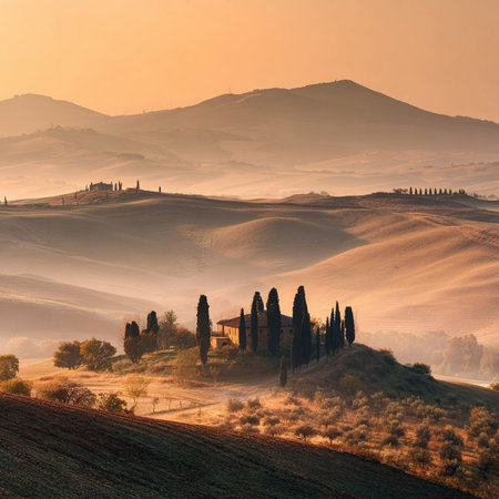 Tuscany landscape with cypresses at sunrise, Italy.の素材