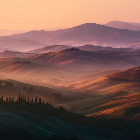 Beautiful Tuscany landscape at sunrise, Val d'Orcia, Italyの素材