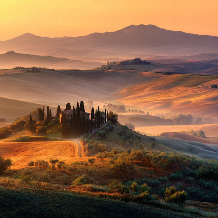 Tuscany landscape at sunrise with cypresses trees, Italyの素材