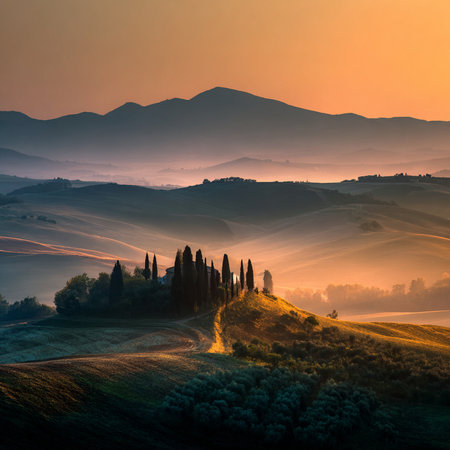Tuscany landscape at sunrise. Tuscany, Italy.の素材
