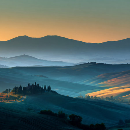Tuscany landscape at sunrise. Italy. 3d rendering.の素材