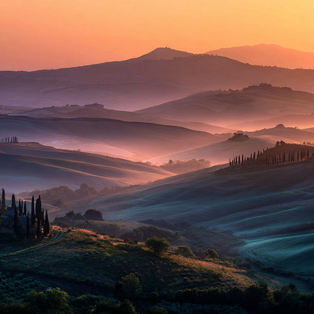 Tuscany landscape at sunrise, Italy. Tuscany is one of the most beautiful places in the world.の素材