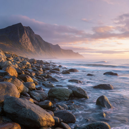 Beautiful seascape at sunrise, Lofoten islands, Norwayの素材
