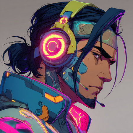 Illustration of a female cyborg with a virtual reality headset.の素材