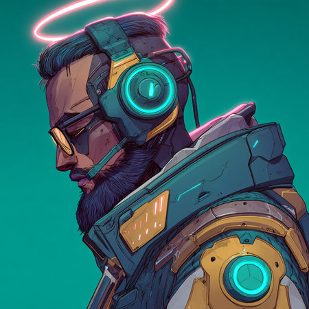 Vector illustration of a man in space suit and helmet with neon lights.の素材