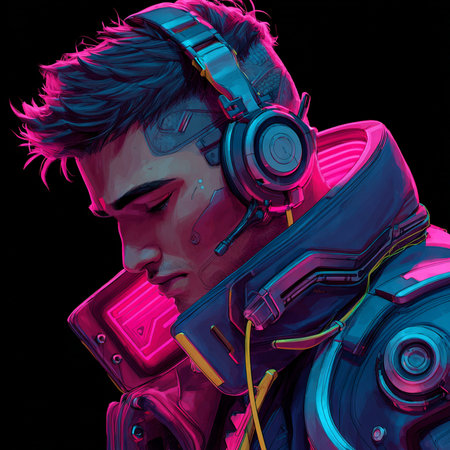 3d rendering of a male cyborg with headphones isolated on black backgroundの素材