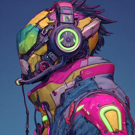 Futuristic robot with colorful neon lights. Illustration of futuristic robot.の素材