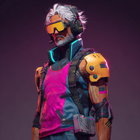 3D rendering of a cyberpunk man isolated on dark background.の素材