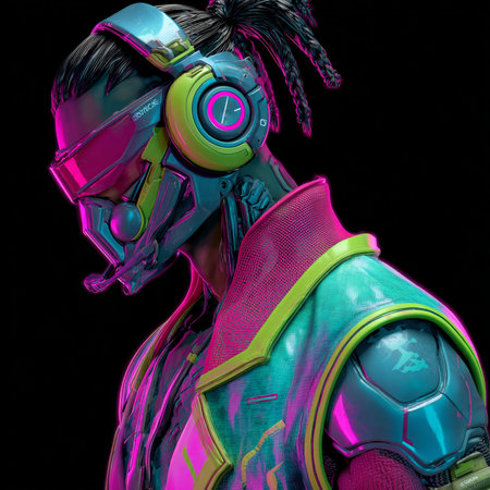 3D rendering of a female cyborg with headphones isolated on black backgroundの素材