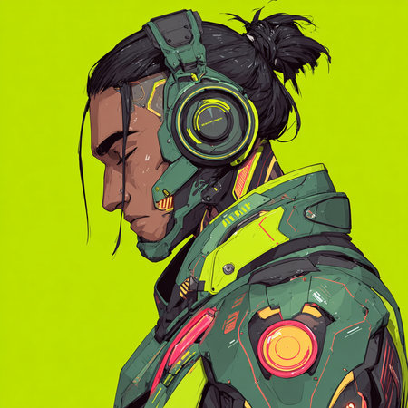Cyborg man in a green suit. Vector illustration on green background.の素材