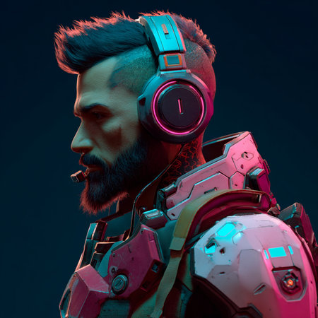 3d rendering of a male robot with headphones isolated on black backgroundの素材