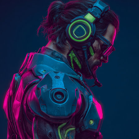 Portrait of a futuristic man in a gas mask on a dark background.の素材