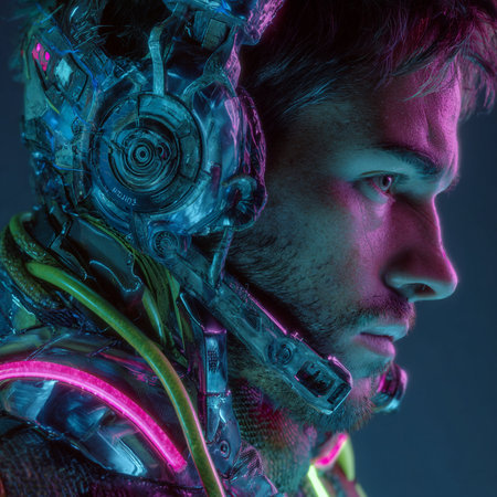 Close-up portrait of a futuristic man in a cyborg suitの素材