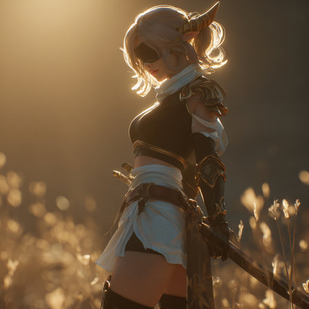 beautiful girl elf warrior with sword in the field at sunset.の素材