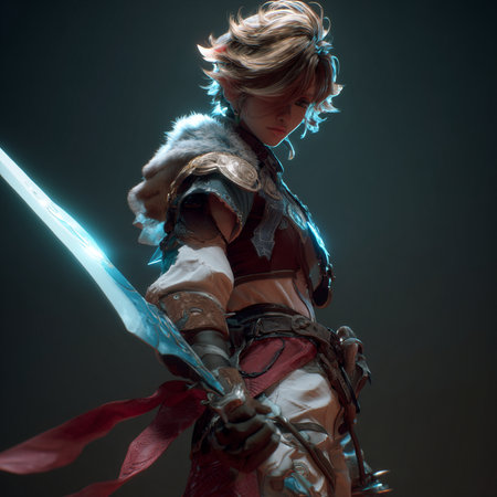 Portrait of a female knight in armor with sword on dark backgroundの素材