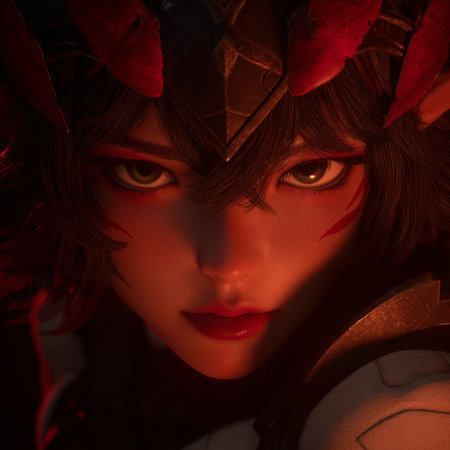 Close-up portrait of a beautiful fantasy warrior girl with red eyesの素材