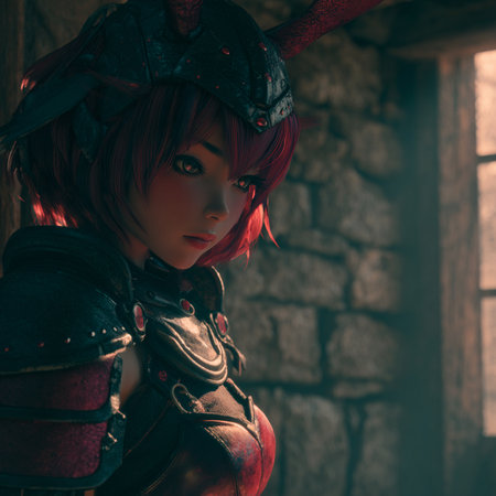 Portrait of a beautiful gothic girl with red hair dressed as a knightの素材