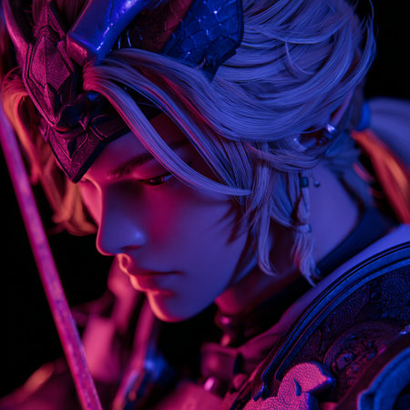 Close-up portrait of a female cosplay hero in the dark.の素材
