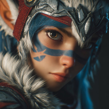 Portrait of a beautiful girl in the image of a Viking warrior with blue hair.の素材