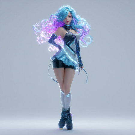 3D Illustration of a beautiful girl with blue hair and neon lightsの素材