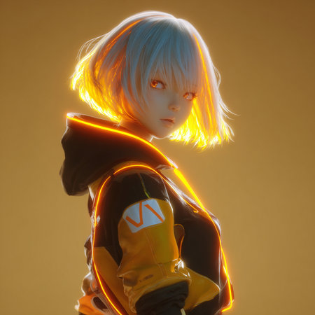 3d rendering of a female robot with blue hair and yellow eyesの素材