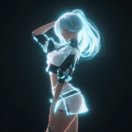 3D Illustration of a female cosplay character with neon lightsの素材