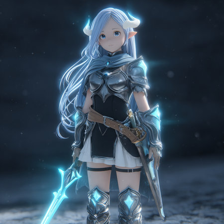 3D CG rendering of costume girl with sword and armor. High resolution image.の素材
