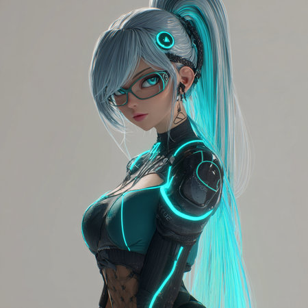 3D rendering of a female robot with glasses and blue hair.の素材