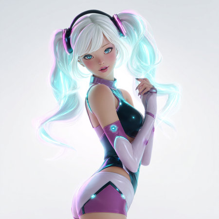 3D Illustration of a beautiful female robot with headphones and blue hairの素材