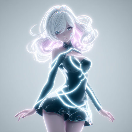 3D Illustration of a female figure with glowing body art.の素材