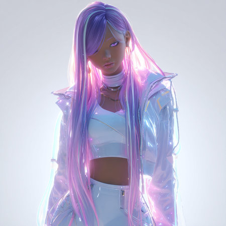 3D Illustration of a female figure in white and blue neon lightの素材