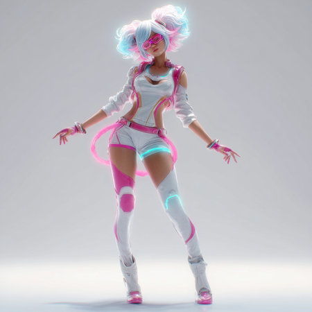 3D rendering of a female robot with futuristic hairstyle and neon lightsの素材