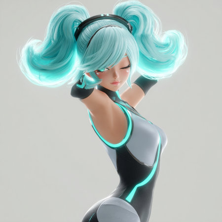 3D rendering of a female robot with blue hair and headphones.の素材