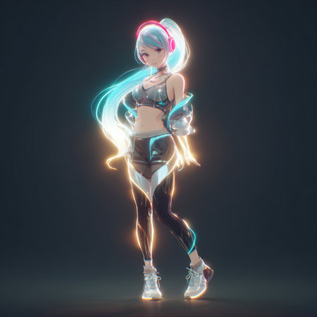 3d rendering of a female athlete with neon lights on her bodyの素材
