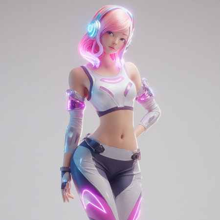 3D rendering of a female robot with pink hair and headphones.の素材