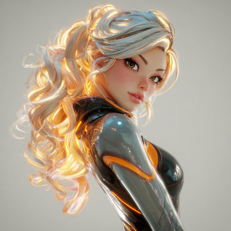 3D rendering of a female robot with futuristic hairstyle and glowing skinの素材