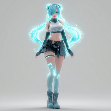 3D rendering of a female robot with neon lights on a gray backgroundの素材